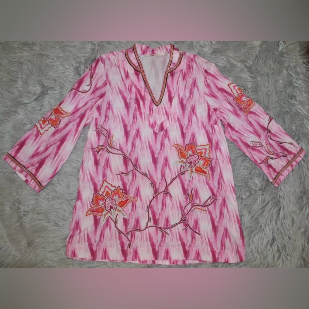 SOFT SURROUNDINGS Altea Pink Tie Dye 3/4 Sleeve Embroidered Beaded Tunic XS - Picture 4 of 8